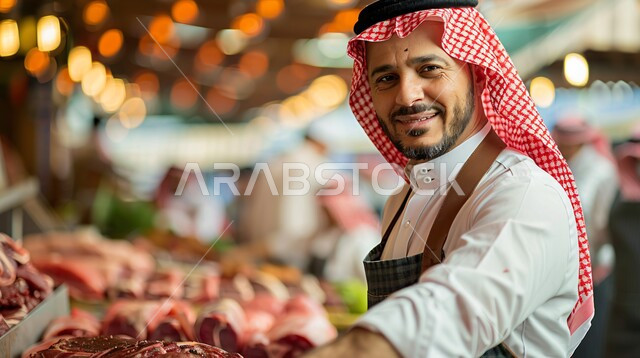  تقديم المأكولات الشعبية التقليدية الشهية، العمل في مطابخ ومطاعم المملكة العربية السعودية، صورة مقربة لشيف عربي خليجي سعودي يرتدي زي الطهاة مع الشماغ أمامه طاولة من اللحومات المختلفة، الأصناف والأطباق والمقبلات العربية الشرقية اللذيذة