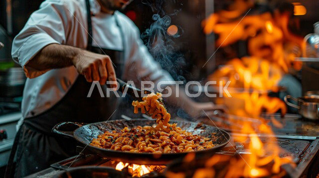 اكتساب خبرات ومعلومات جديدة، فنون ومهارات الطبخ، صورة مقربة لشيف عربي خليجي سعودي يرتدي يونيفورم الطهي ويقوم بإعداد الطعام في المقلاة، تجهيز وجبة صحية ولذيذة، أطعمة ومأكولات شرقية