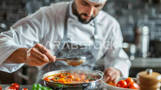 اكتساب خبرات ومعلومات جديدة، فنون ومهارات الطبخ، صورة مقربة لشيف عربي خليجي سعودي يرتدي يونيفورم الطهي ويقوم بإعداد الطعام في المقلاة، تجهيز وجبة صحية ولذيذة، أطعمة ومأكولات شرقية