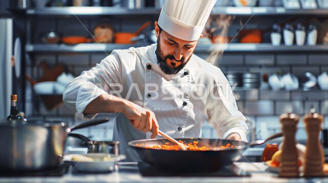 اكتساب خبرات ومعلومات جديدة، فنون ومهارات الطبخ، صورة مقربة لشيف عربي خليجي سعودي يرتدي يونيفورم الطهي ويقوم بإعداد الطعام في المقلاة، تجهيز وجبة صحية ولذيذة، أطعمة ومأكولات شرقية