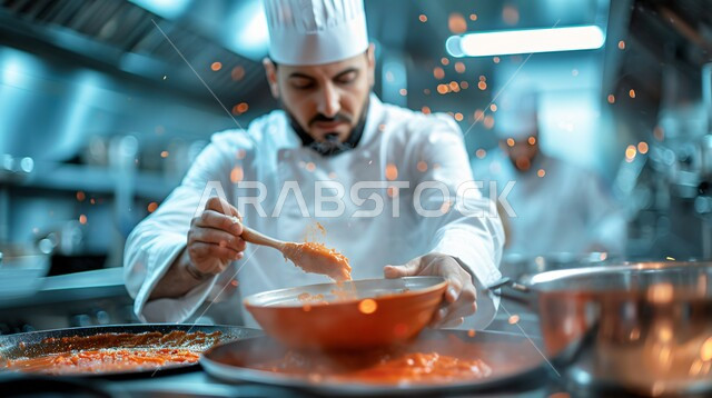 اكتساب خبرات ومعلومات جديدة، فنون ومهارات الطبخ، صورة مقربة لشيف عربي خليجي سعودي يرتدي يونيفورم الطهي ويقوم بإعداد الطعام في المقلاة، تجهيز وجبة صحية ولذيذة، أطعمة ومأكولات شرقية