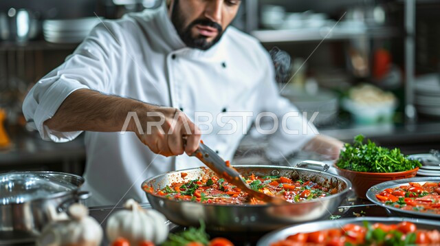 اكتساب خبرات ومعلومات جديدة، فنون ومهارات الطبخ، صورة مقربة لشيف عربي خليجي سعودي يرتدي يونيفورم الطهي ويقوم بإعداد الطعام في المقلاة، تجهيز وجبة صحية ولذيذة، أطعمة ومأكولات شرقية