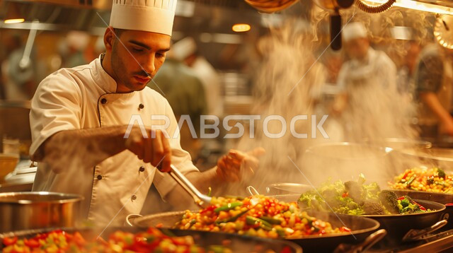 اكتساب خبرات ومعلومات جديدة، فنون ومهارات الطبخ، صورة مقربة لشيف عربي خليجي سعودي يرتدي يونيفورم الطهي ويقوم بإعداد الطعام في المقلاة، تجهيز وجبة صحية ولذيذة، أطعمة ومأكولات شرقية