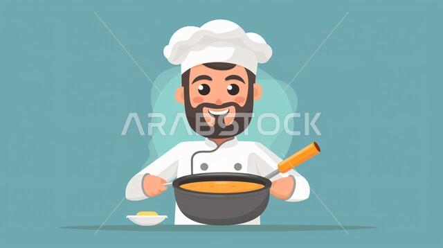 رسم توضيحي ثلاثي الابعاد لشيف يرتدي الزي الخاص بالطهاة مع القبعة يحمل بيده طبق من الحساء، مأكولات وأصناف عربية شرقية، ونيفورم الطهي المميز، خلفية زرقاء