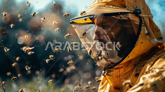 Beekeeping farms in Saudi Arabia, extracting natural honey from apiaries in the Kingdom of Saudi Arabia, a local Saudi national product, original honey beeswax, a close-up photo of a Saudi Arabian Gulf man wearing the uniform designated for apiary farmers