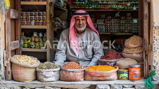 الاسواق التقليدية الشعبية لبيع البهارات والعطريات، رجل كبير بالسن يرتدي الثوب التقليدي والشماغ يقوم ببيع التوابل الملونة والمتنوعة، منكهات وملونات طبيعية للمأكولات والأطعمة، نباتات ذات فوائد صحية وعلاجية، منتجات ومحاصيل زراعية وطنية محلية سعودية