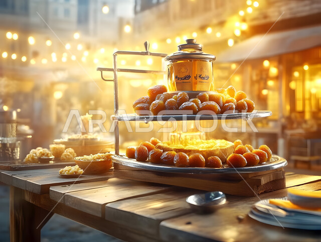 أطباق وأصناف متنوعة من التسالي وقطع الحلوى الشهية، فنون تقديم الطعام في مطاعم المملكة العربية السعودية، ضيافة رمضانية لذيذة، أطعمة ومأكولات مليئة بالسكريات والسعرات الحرارية
