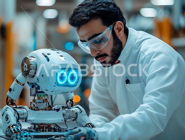 هندسة الإلكترونيات والتكنولوجيا المتقدمة, تطورالتقنيات الحديثة في المملكة, مراكز الأبحاث العلمية في السعودية, صورة مقربة لرجل عربي خليجي سعودي يرتدي معطف أبيض ويضع نظارة حماية يقوم بالعمل على تطوير الروبوتات الذكية, مختبر للابتكارات والمخترعات الروبوتية المستقبلية