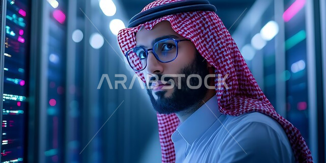 Server control room and internet servers, data storage network, close up of a Saudi Arabian Gulf man wearing a traditional keffiyeh and thobe and wearing glasses looking at something, digital development and future technology