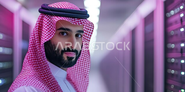 Data storage network, server control room and internet servers, close-up of a Saudi Arabian Gulf man wearing a traditional keffiyeh and thobe looking at the camera, digital development and future technology