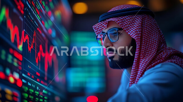 تداول العملة الرقمية، صورة مقربة من الجانب لرجل أعمال عربي خليجي سعودي يجلس أمام الشاشة لمتابعة مخطط الرسم البياني للنمو الاقتصادي، إنجاز وتحقيق أهداف الشركة، دمج التكنولوجيا المتطورة في العمل، مراقبة ارتفاع وانخفاض الأسهم في سوق البورصه