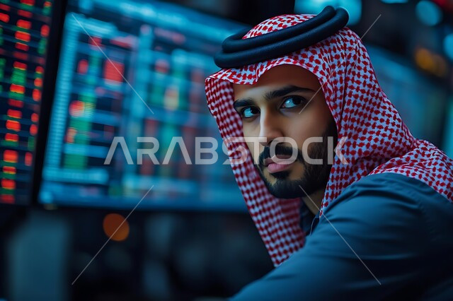 إنجاز وتحقيق أهداف الشركة، دمج التكنولوجيا المتطورة في العمل، شاشات الكترونية لتداول العملات الرقمية، مراقبة ارتفاع وانخفاض الأسهم في سوق البورصة، صورة مقربة من الجانب لرجل عربي خليجي سعودي يرتدي الشماغ والثوب التقليدي ينظر إلى شيء ما بتعابير الاندماج والتركيز