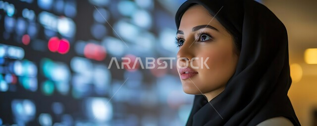 سوق البورصة العالمي، تداول العملة الرقمية، دمج التكنولوجيا المتطورة مع العمل، متابعة الرسوم البيانية على الشاشات الالكترونيه المضيئه، صورة مقربة من الجانب لامرأة عربية خليجية سعودية محجبة تقوم بمراقبة ارتفاع وانخفاض الأسهم