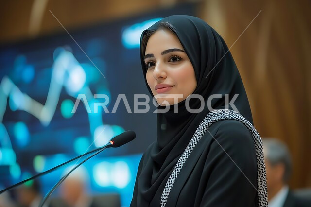مهارات التحدث والإلقاء، استخدام الشاشات المضيئة للشرح، صورة مقربة لسيدة أعمال سعودية ترتدي الحجاب تقوم بإعطاء محاضرة ، تطوير أعمال وشركات عربية خليجية سعودية ، دورات تدريبية ومحاضرات جامعية، إيماءات التركيز والثقة بالنفس