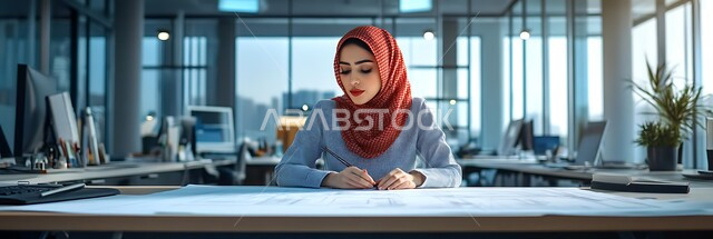 إنجاز المهام وتحقيق الأهداف، تدوين وكتابة الملاحظات، مراجعة الملفات والوثائق الخاصة بالعمل، امرأة عربية خليجية سعودية ترتدي الحجاب وتقوم بالعمل داخل مكتبها بتعابير التركيز، مهن ووظائف مكتبية نسائية، شركات الممكلة العربية السعودية
