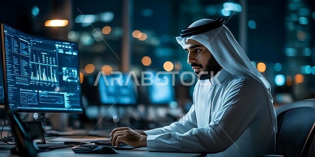 إدارة شؤون الأعمال وتنظيمها عبر الاجهزة التقنية، دمج العمل مع التكنولوجيا، صورة مقربة لرجل اعمال عربي خليجي سعودي يرتدي الغترة والثوب التقليدي يعمل على الحاسوب المحمول, العمل في المجال الاقتصادي, عرض المخططات البيانية المالية
