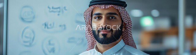 إقامة دورات تدريبية تعليمية، صورة مقربة لرجل عربي خليجي سعودي يرتدي الشماغ والثوب التقليدي ينظر الى الكاميرا بتعابير الجدية والثقة بالنفس، استخدام اللوح الأبيض للشرح عن مهام العمل واهداف الشركة، تطوير استراتجيات الشركات السعودية