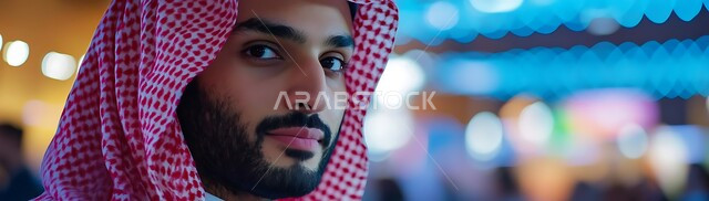 ايماءات وتعابير الجدية والثقة بالنفس، نظرات القوة والرجولة، صورة مقربة لرجل عربي خليجي سعودي يرتدي الشماغ التقليدي ينظر إلى الكاميرا، خلفية ضبابية