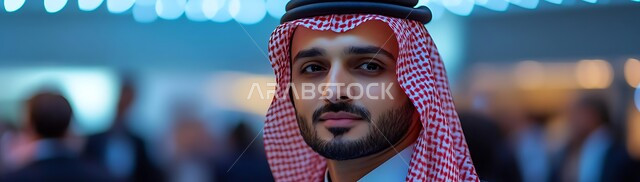 ايماءات الحزم والجدية والقوة، صورة مقربة لرجل عربي خليجي سعودي يرتدي العقال و الشماغ وينظر الى الكاميرا بتعابير الثقة بالنفس، مفهوم الرجولة و الشياكة، الاهتمام بالمظهر الخارجي، خلفية ضبابية