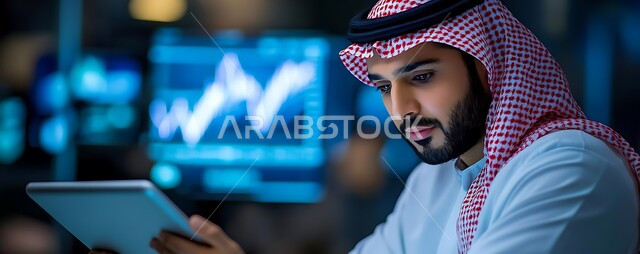 استخدام الأجهزة التكنولوجية الحديثة، صورة مقربة لرجل أعمال عربي خليجي سعودي يرتدي الشماغ والثوب التقليدي يقوم بالعمل على جهاز التابلت بتعابير التركيز، إيماءات تدل على الاندماج، مهن ووظائف مكتبية
