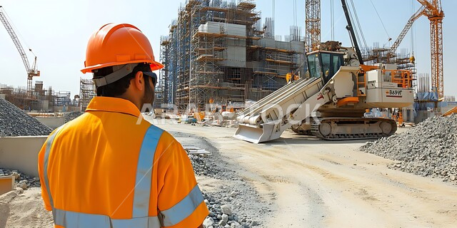 Construction and contracting works, laying foundations, improving the country's infrastructure, heavy machinery and equipment, cranes and bulldozers, a building under construction in Saudi Arabia, a back view of a Saudi Arabian Gulf engineer wearing a helmet and a safety vest observing the progress of work