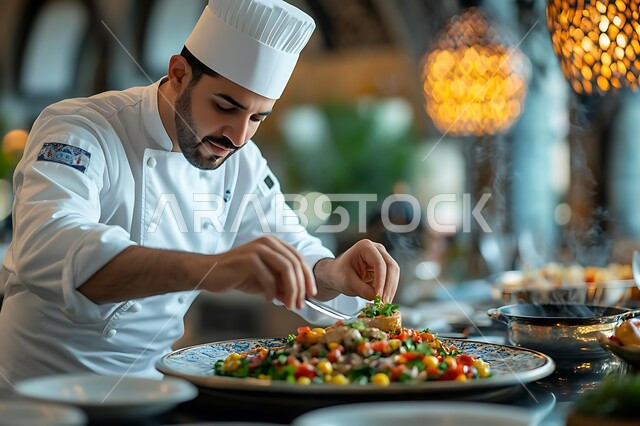 فنون تحضير الطعام وتقديمه في مطاعم ومطابخ المملكة العربية السعودية، ايماءات وتعابير التركيز، مهن ووظائف شبابية سعودية، صورة مقربة لطباخ عربي خليجي سعودي يرتدي زي العمل بقوم بإعداد الأطباق