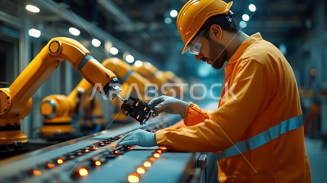 استخدام اذرع الروبوتات الذكية في عملية التصنيع، الاعتماد على التشغيل الآلي في معامل السعودية، تحقيق التقدم الصناعي والتكنولوجي في المصانع، العمل المشترك بين العنصر البشري والألي، صورة مقربة لمهندس عربي خليجي سعودي يرتدي الخوذة والسترة يقوم بالتأكد من سير العمل