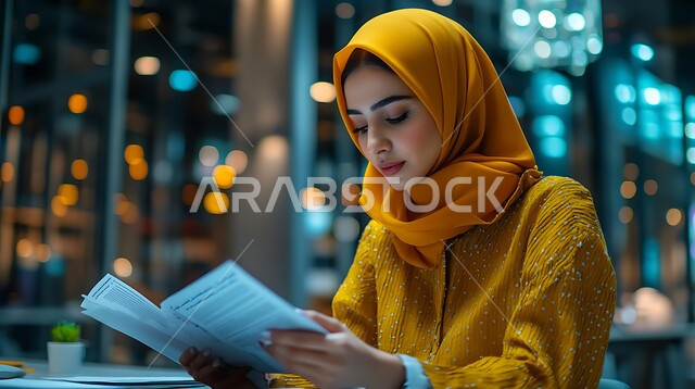 انجاز المهام وتحقيق الاهداف، مراجعة الأوراق والبيانات، ملفات ووثائق خاصة بالعمل، تنظيم وادارة الأعمال، متابعة المعلومات، صورة لإمرأة عربية خليجية سعودية مححبة ترتدي العباءة الصفراء تقوم بالعمل داخل مكتبها