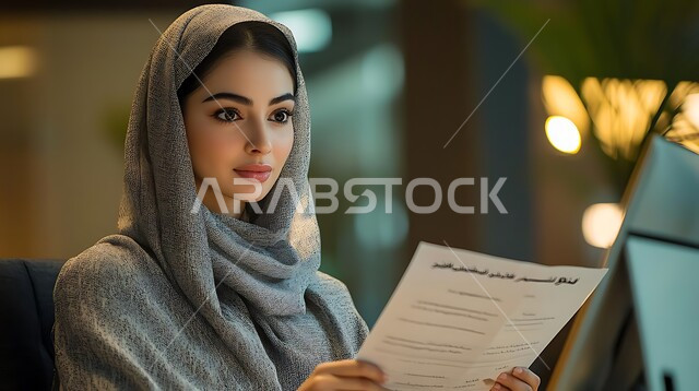 مراجعة وقراءة الأوراق والبيانات، انجاز المهام وتحقيق الاهداف، ملفات ووثائق خاصة بالعمل، تنظيم وادارة الأعمال، متابعة المعلومات، صورة لإمرأة عربية خليجية سعودية مححبة ترتدي العباءة الرمادية تقوم بالعمل داخل مكتبها