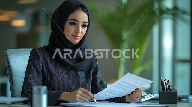 كتابة المهام والأهداف اليومية, تنظيم وإدارة الأعمال, تدوين وتسجيل المعلومات على الورق, صورة مقربة لامرأة عربية خليجية سعودية محجبة ترتدي العباءة السوداء تجلس على مكتبها تقوم بالتفكير لإيجاد الحلول بتبعابير الشرود، مهن ووظائف نسائية مكتبية سعودية
