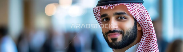الشعور بالثقة في النفس،  الاهتمام بالأناقة والمظهر الخارجي، صورة مقربة لرجل عربي خليجي سعودي مبتسم يرتدي الشماغ والثوب التقليدي ينظر إلى الكميرا بإيماءات السرور