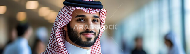 الشعور بالثقة في النفس،  الاهتمام بالأناقة والمظهر الخارجي، صورة مقربة لرجل عربي خليجي سعودي مبتسم يرتدي الشماغ والثوب التقليدي ينظر إلى الكميرا بإيماءات السرور