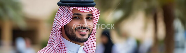 الاهتمام بالأناقة والمظهر الخارجي، صورة مقربة لرجل عربي خليجي سعودي مبتسم يرتدي الشماغ والثوب التقليدي ينظر إلى الكاميرا بإيماءات السرور، الشعور بالثقة في النفس