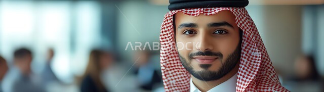 الاهتمام بالأناقة والمظهر الخارجي، صورة مقربة لرجل عربي خليجي سعودي مبتسم يرتدي الشماغ والثوب التقليدي ينظر إلى الكاميرا بإيماءات السرور، الشعور بالثقة في النفس