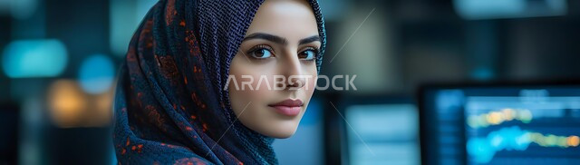 تداول العملة الرقمية، البورصة والاسواق العالمية، دمج التكنولوجيا والتقنيات المتطورة مع العمل، الشاشات الالكترونيه المضيئة، صورة مقربة لامرأة عربية خليجية سعودية محجبة تنظر الى الكاميرا