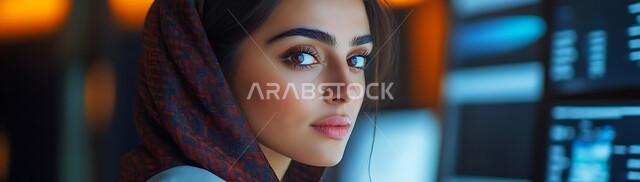 البورصة والاسواق العالمية، تداول العملة الرقمية، دمج التكنولوجيا والتقنيات المتطورة مع العمل، الشاشات الالكترونيه المضيئة، صورة مقربة لامرأة عربية خليجية سعودية محجبة تنظر الى الكاميرا