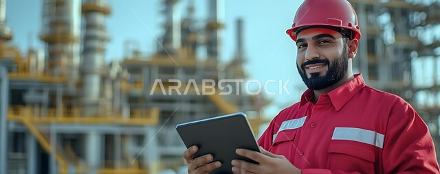 الوقوف باستقامة والنظر إلى الكاميرا بإيماءات السعادة والسرور، العمل في القطاع الهندسي، مهن ووظائف سعودية، صورة مقربة لمهندس عربي خليجي مبتسم يرتدي الخوذه وسترة الحماية 