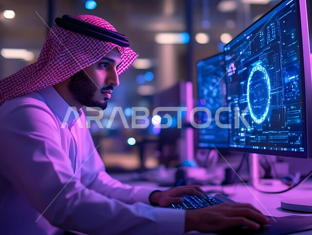 مهن ووظائف سعودية،  استخدام الاجهزة التقنية الحديثة، ادارة مهام العمل اليومية في مقر الشركة،  صورة مقربة لرجل عربي خليجي سعودي يرتدي الزي التقليدي يجلس في مكتبه يعمل على جهاز الحاسوب المحمول