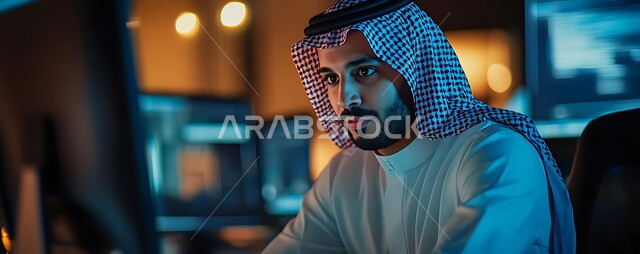 مهن ووظائف سعودية،  استخدام الاجهزة التقنية الحديثة، ادارة مهام العمل اليومية في مقر الشركة،  صورة مقربة لرجل عربي خليجي سعودي يرتدي الزي التقليدي يجلس في مكتبه يعمل على جهاز الحاسوب المحمول