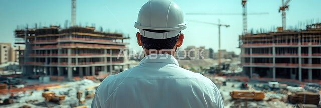 الاشراف على المشاريع في موقع العمل، صورة من الخلف لشاب عربي خليجي يرتدي اللباس الخاص بالمهنة وخوذة الحماية، تطور ونمو القطاع العماري في المملكة، مهن ووظائف هندسية سعودية