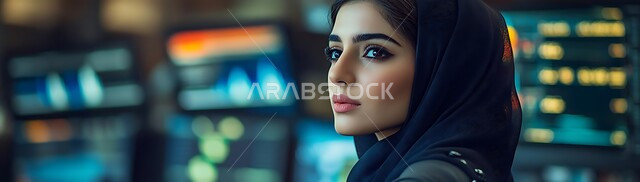 الشاشات الالكترونيه المضيئة، تداول العملة الرقمية، البورصة والاسواق العالمية، دمج التكنولوجيا والتقنيات المتطورة مع العمل، صورة مقربة لامرأة عربية خليجية سعودية محجبة تنظر الى شيء ما