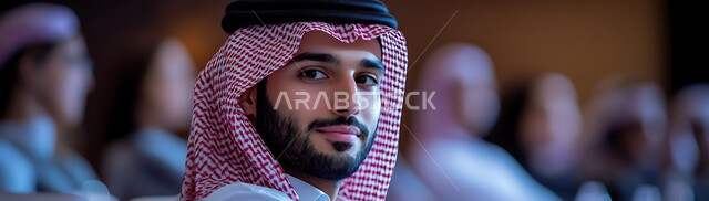 ايماءات الجدية والقوة و الحزم، صورة مقربة لرجل عربي خليجي سعودي يرتدي الشماغ و العقال وينظر الى الكاميرا بتعابير الثقة بالنفس،  مفهوم الشياكة والاهتمام بالمظهر الخارجي
