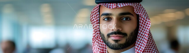 ايماءات الجدية والقوة و الحزم، صورة مقربة لرجل عربي خليجي سعودي يرتدي الشماغ و العقال وينظر الى الكاميرا بتعابير الثقة بالنفس،  مفهوم الشياكة والاهتمام بالمظهر الخارجي