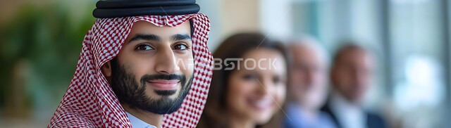 الشعور بالثقة في النفس،  الاهتمام بالأناقة والمظهر الخارجي، صورة مقربة لرجل عربي خليجي سعودي مبتسم يرتدي الشماغ والثوب التقليدي ينظر إلى الكميرا بإيماءات السرور