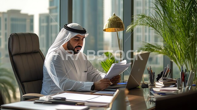 استخدام الأجهزة الحديثة لإنجاز المهام، رجل عربي خليجي سعودي يرتدي الثوب التقليدي و الشماغ يجلس في المكتب و يعمل على جهاز الحاسوب المحمول، دمج التقنيات المتطورة في الحياة اليومية