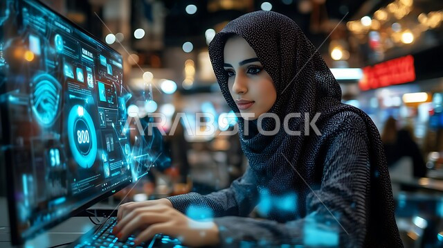 التطور التكنولوجي والرقمي في مجال الذكاء الاصطناعي، صورة مقربة لإمرأة عربية خليجية سعودية ترتدي الحجاب تقوم بإنجاز الاعمال والمهام بإستخدام الحاسب، مهن ووظائف نسائية، رموز رقمية هولوجرامية لأيقونات الكمبيوتر وشبكات الإنترنت