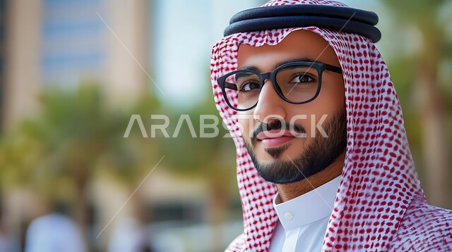 الاهتمام بالأناقة والمظهر الخارجي، صورة مقربة لرجل عربي خليجي سعودي مبتسم يرتدي الشماغ والثوب التقليدي ينظر إلى الكاميرا بإيماءات السرور، الشعور بالثقة في النفس