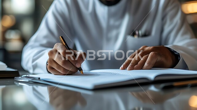 تدوين وتسجيل الملاحظات والمعلومات على الورق،  صورة مقربة ليدين شاب عربي خليجي سعودي يرتدي الثوب، كتابة المهام والأهداف اليومية، تنظيم وإدارة الأعمال