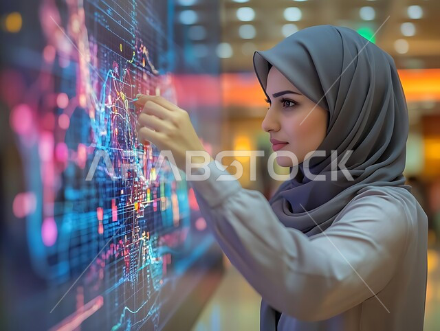 مراقبة الرسوم والمخططات البيانيه الهولوجراميه على الشاشات الالكترونيه المضيئه، تداول العملة الرقمية، دمج التكنولوجيا المتطورة مع العمل، سوق البورصة العالمي، صورة مقربة لامرأة عربية خليجية سعودية محجبة تشير الى الشاشة