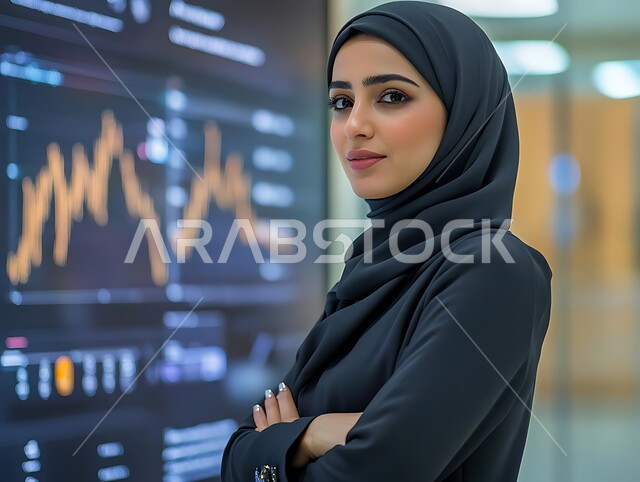تداول العملات الرقمية، سوق البورصة العالمي، دمج التكنولوجيا المتطورة مع العمل، مراقبة الرسوم والمخططات البيانيه الهولوجراميه على الشاشات الالكترونيه المضيئه، صورة مقربة لامرأة عربية خليجية سعودية محجبة تقف بأيدي متقاطعة بايماءات الثقة بالنفس
